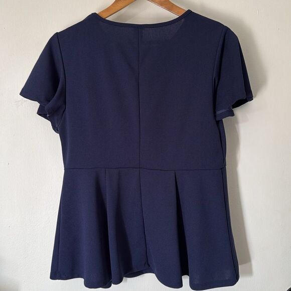 Shein Curve Peplum Top 0XL Navy Blue Flutter Sleeve Stretch‎ - Picture 4 of 5